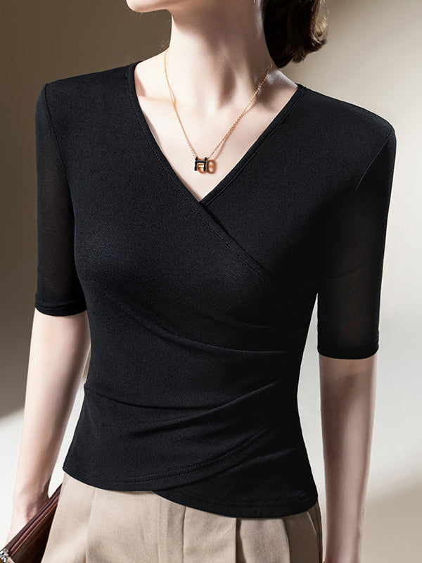 Half Sleeves Asymmetric Pleated Color Split-joint V-neck T-shirts Tops