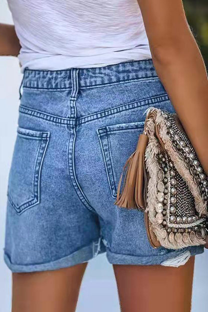 Street Ripped Make Old Mid Waist Straight Denim Shorts(3 Colors)