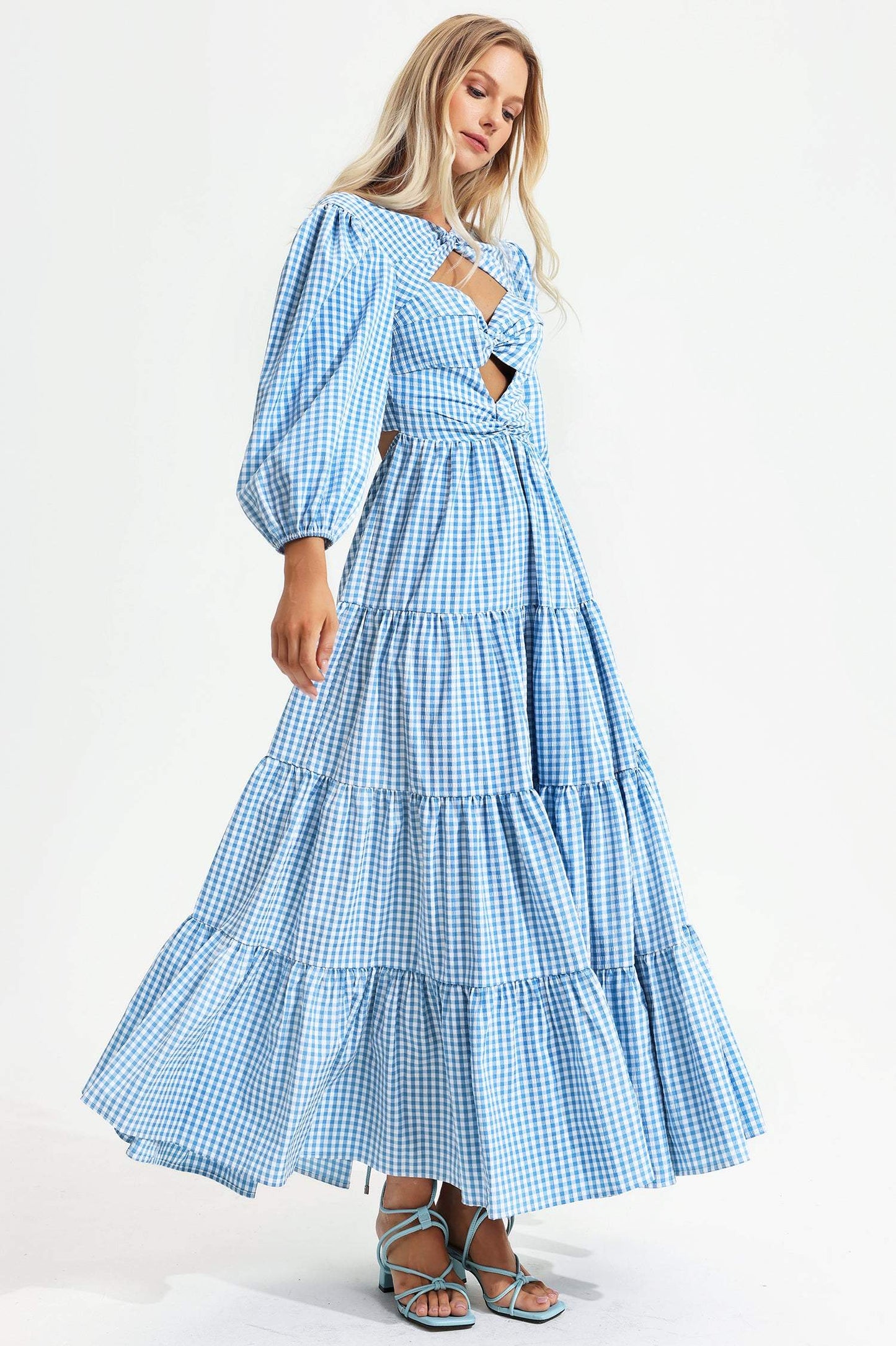 Puff Sleeve Cut-out Tiered Ruffle Hem Backless Maxi Dress