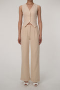 JO | Casual V-neck button front vest wide leg two-piece cotton pleated pants set