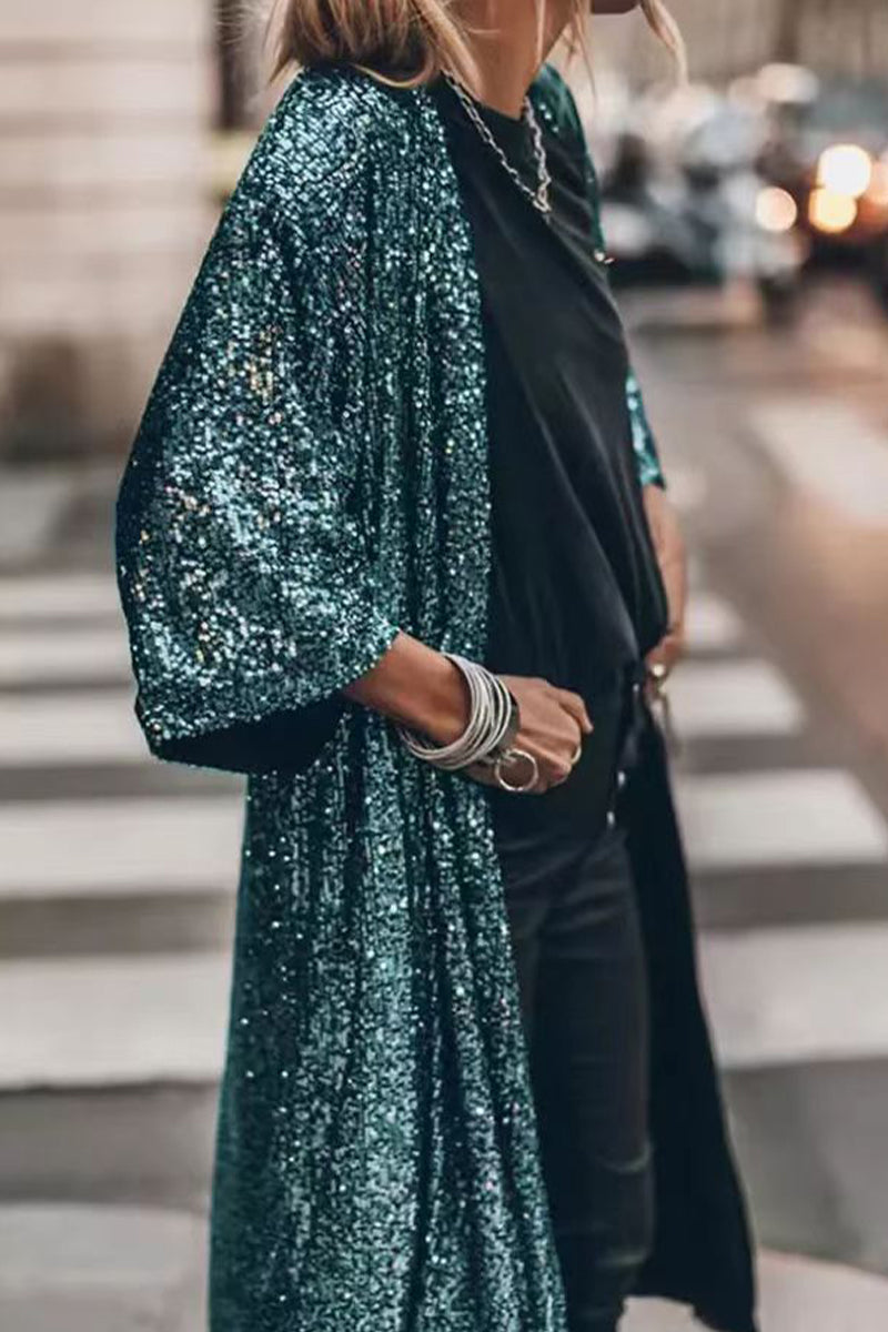 Street Sequins Sequined U Neck Outerwear