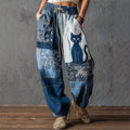 Comstylish Vintage Cat Floral Fiber Art Patchwork Flowy Linen Pants