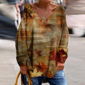 Retro Maple Leaf Art Print V-Neck Loose T-Shirt artswardrobe