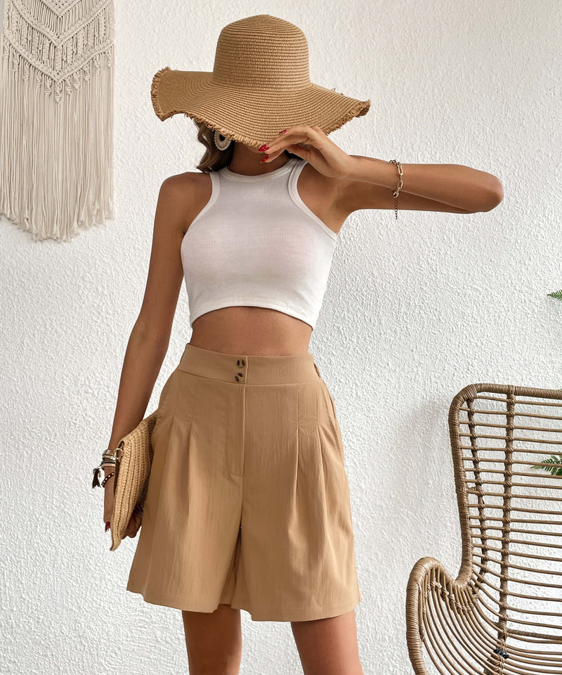 Eden Pocketed High Waist Shorts - Khaki