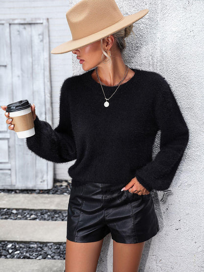 Long Sleeve Crew Collar Cut-out Lace Sweater White
