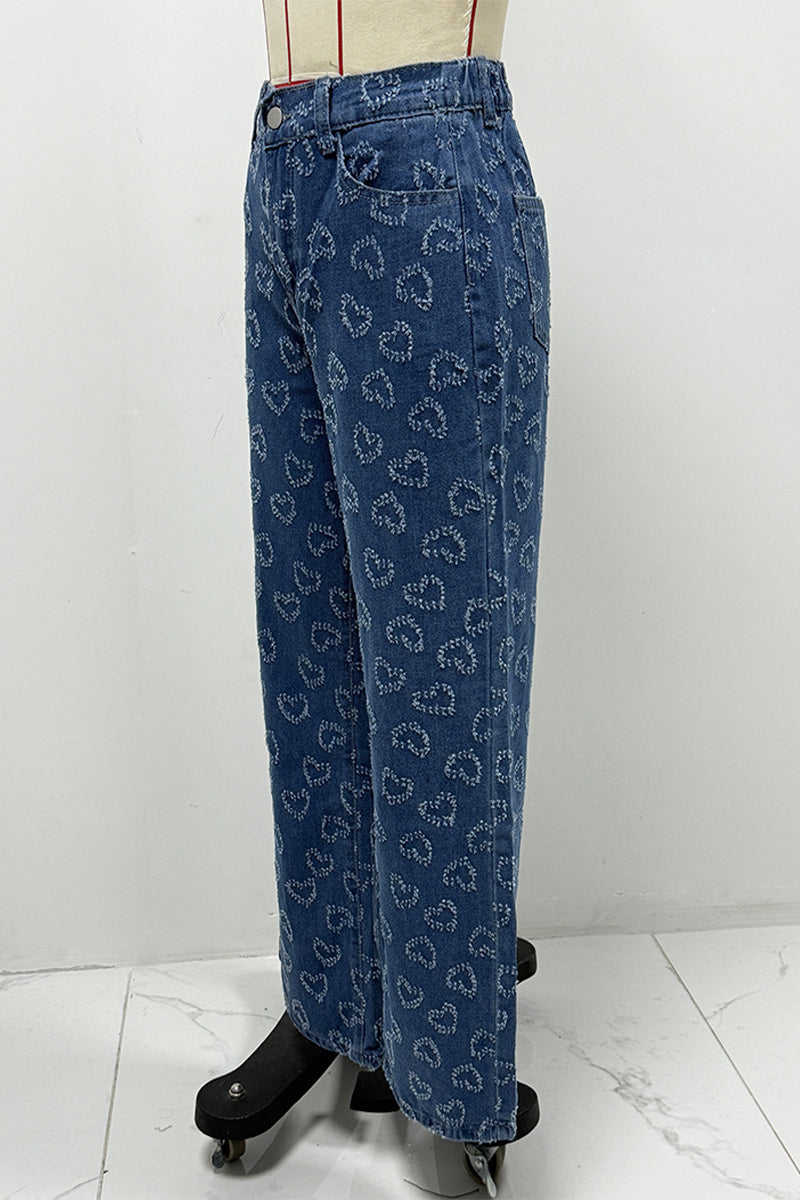 Heart Shaped Distressed Patchwork High Waist Loose Denim Jeans