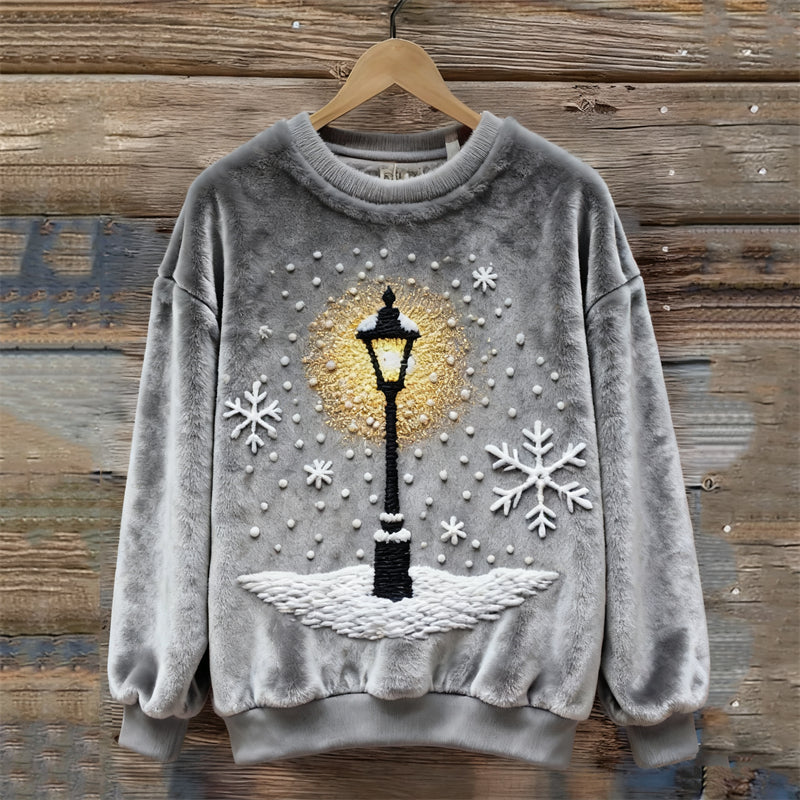 Christmas Snowflakes & Street Light Embroidered Fuzzy Plush Sweatshirt