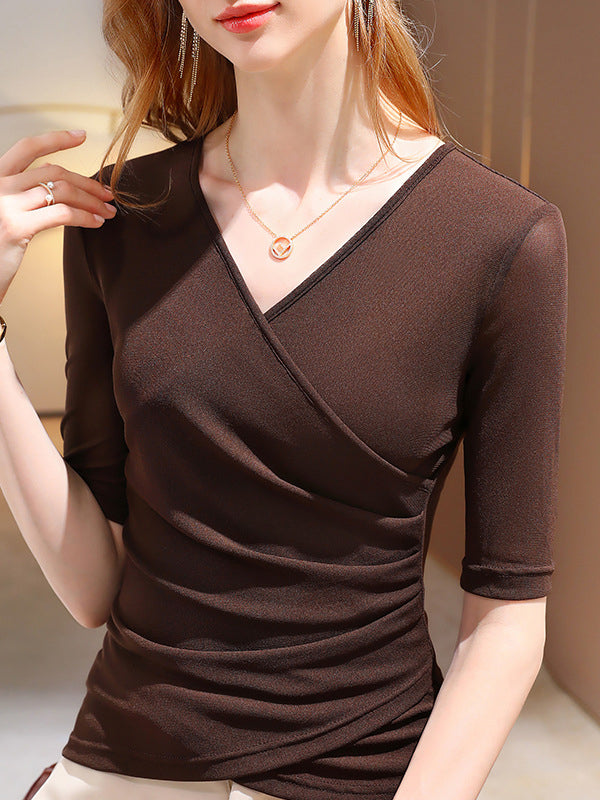 Half Sleeves Asymmetric Pleated Color Split-joint V-neck T-shirts Tops
