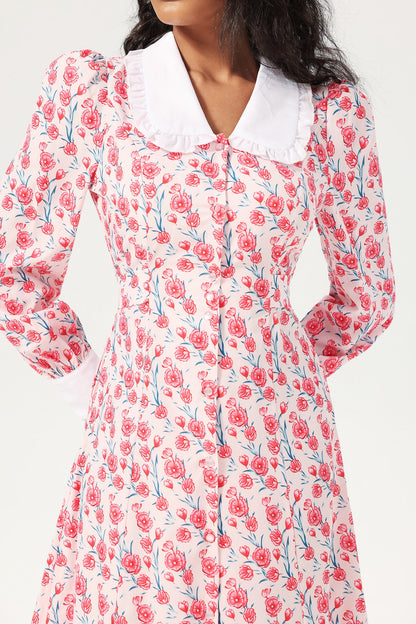 Long Sleeve Doll Collar Buttoned Midi Dress Pink