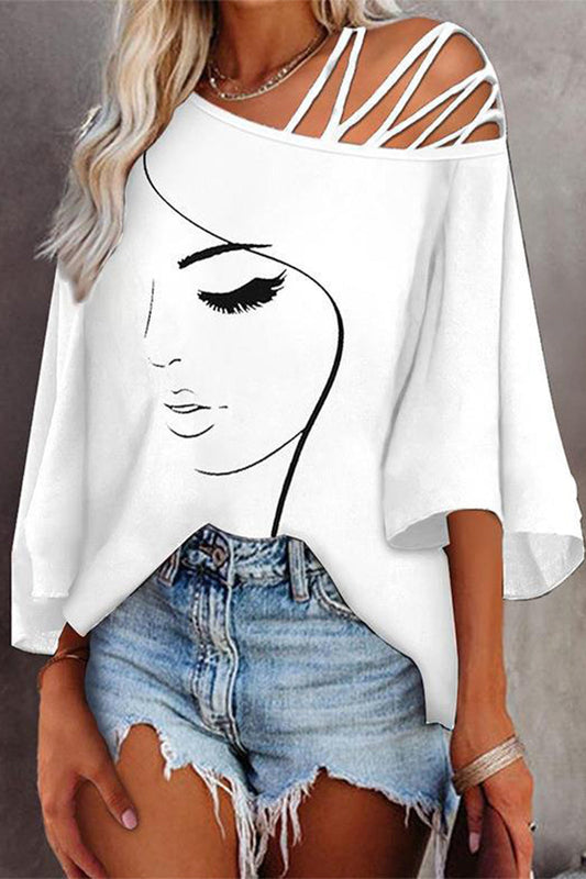 Print Patchwork Oblique Collar T-shirts(5 Colors)
