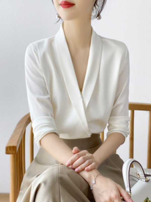 Long Sleeves Loose Color V-neck Blouses&shirts Tops