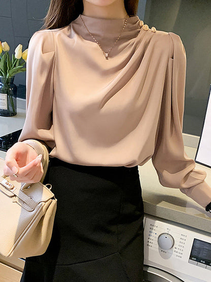 Loose Puff Sleeves Pleated Split-joint High Neck Blouses&shirts Tops