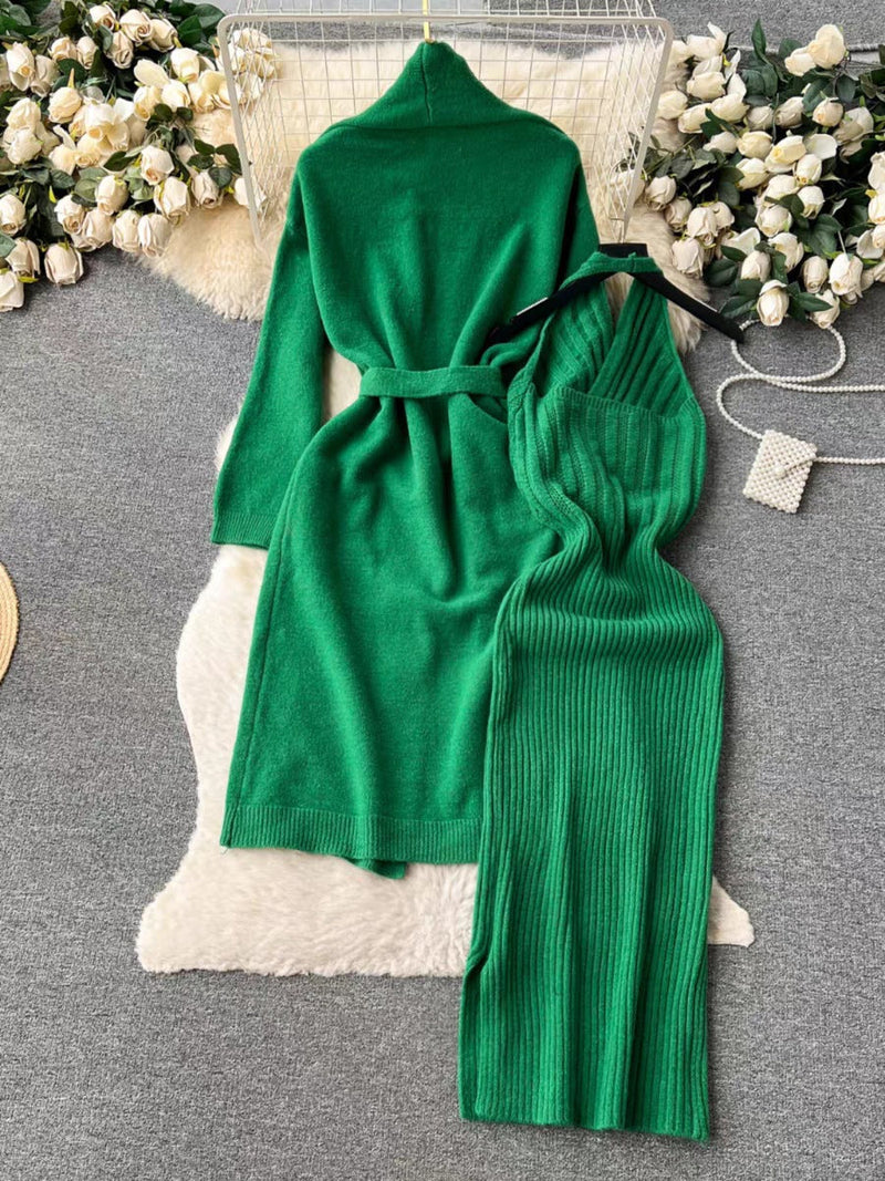Autumn Winter Color High Grade Cardigan Slim Fit Halter Dress Knitting Suit