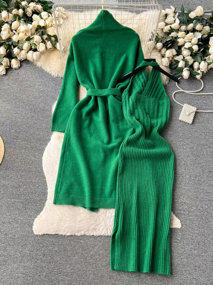 Autumn Winter Color High Grade Cardigan Slim Fit Halter Dress Knitting Suit