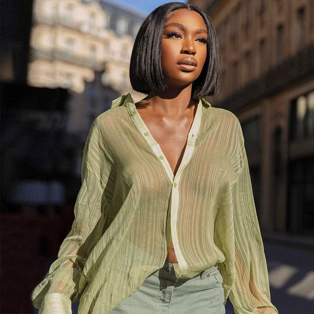 Hollow Out Cutout Loose Cardigan: Sheer Long Sleeve ’s Shirt