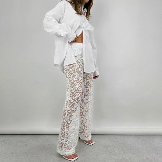 Summer Lace See Through High Waist Straight Leg Pants