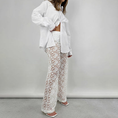 Summer Lace See Through High Waist Straight Leg Pants