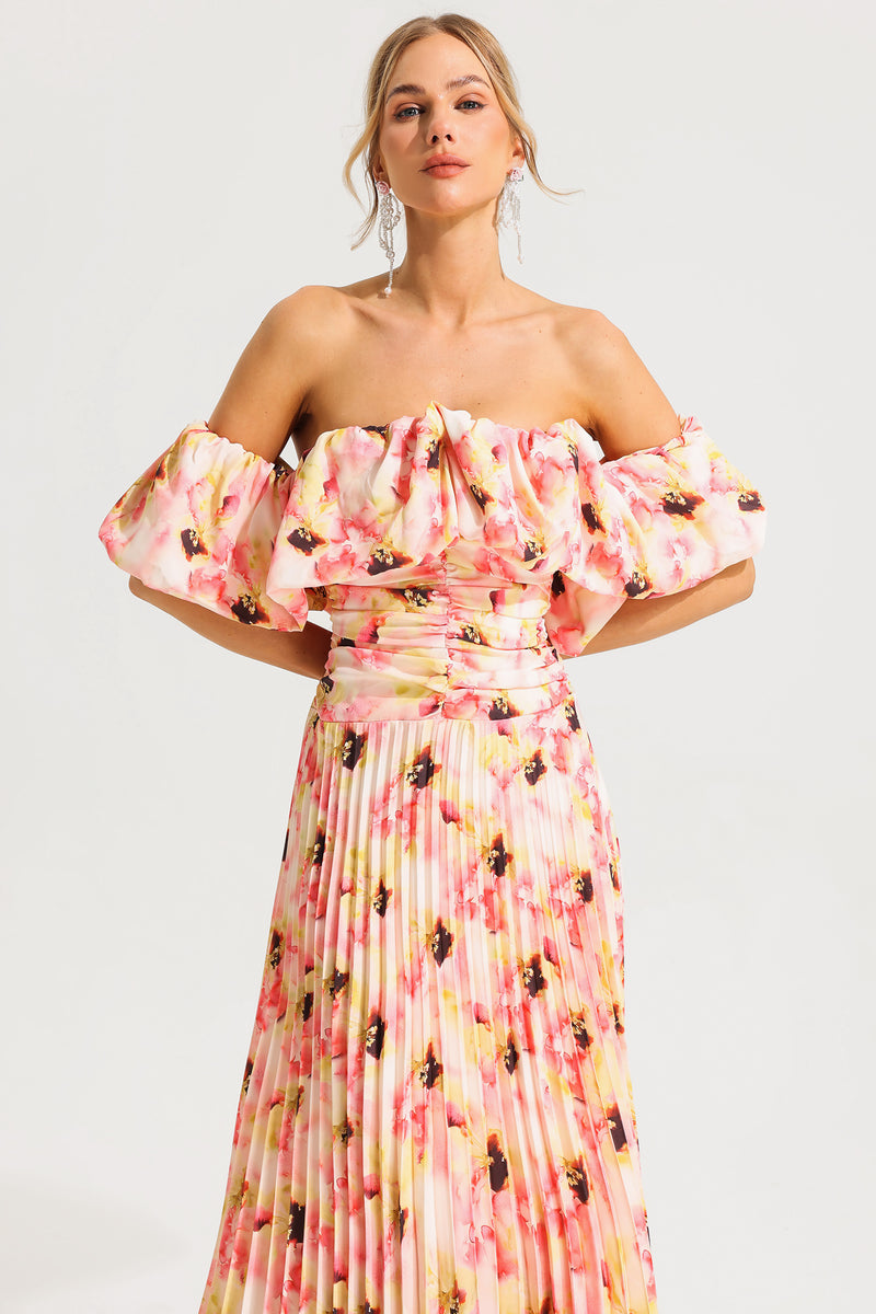 Off-shoulder Puff Sleeve Pleated Midi Dress Pink