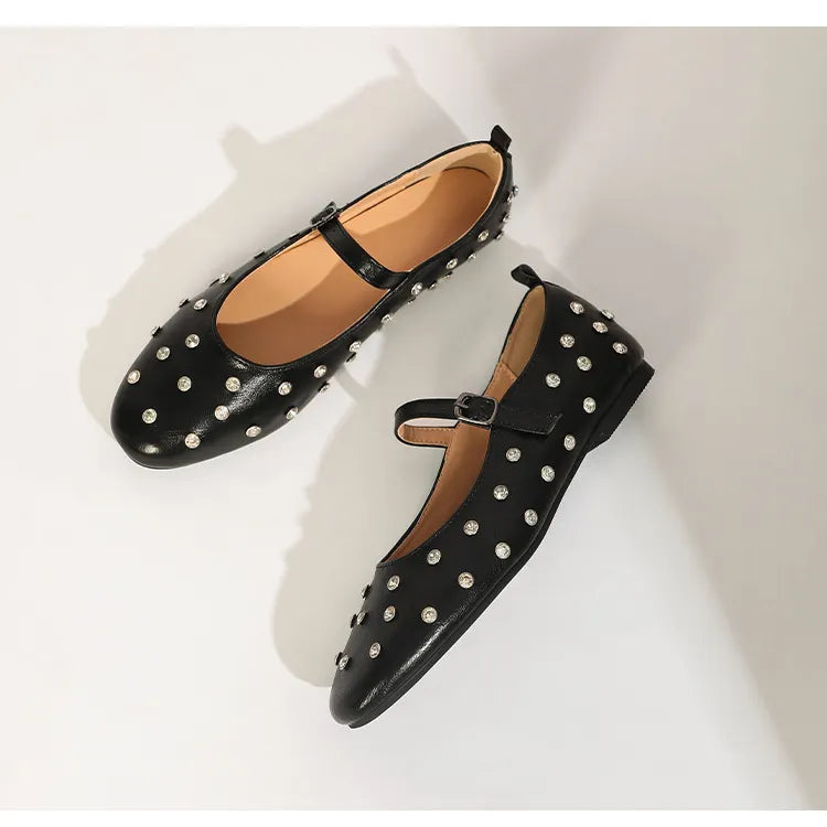 Studded Rhinestones Mary Jane One-line Buckle Ballet Flats