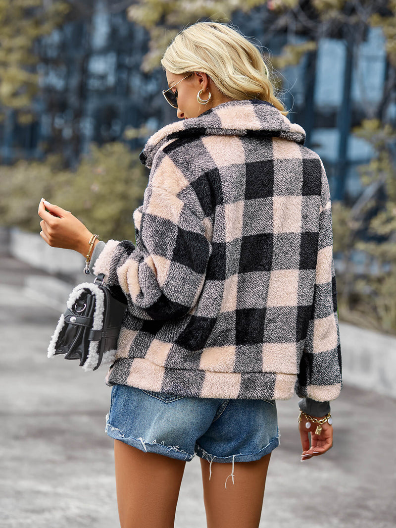 Bust Pocket Plaid Fleece Coat - Beige