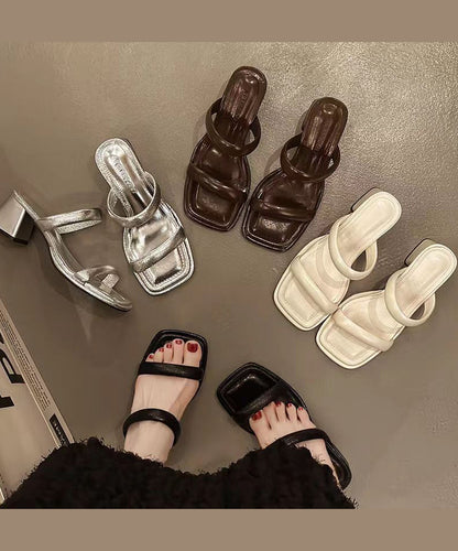 French Silver Chunky Heel Slide Sandals Peep Toe Oi043