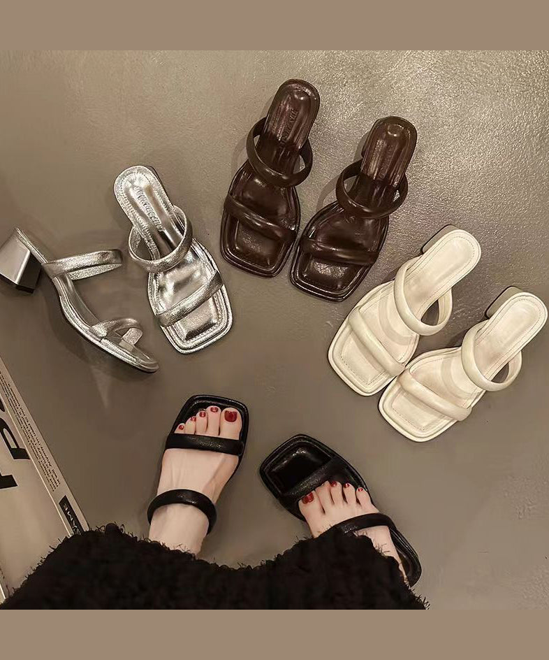 French Silver Chunky Heel Slide Sandals Peep Toe Oi043