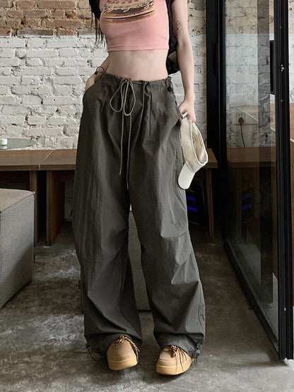 Cargo Pants Summer Retro Loose Drawstring Trousers Joggers Baggy Oversize Sweatpants Mid Waist Y2k Clothes