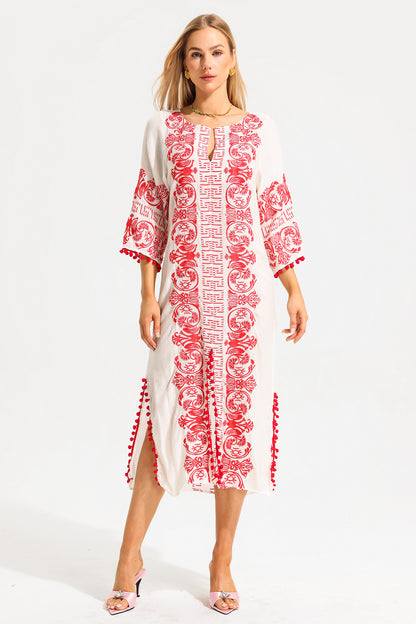 V-neck Embroidered Slip Midi Dress