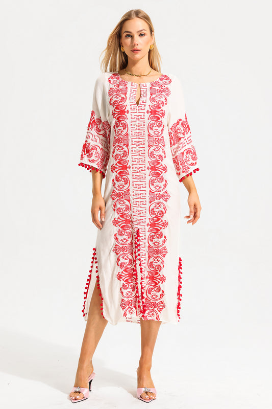 V-neck Embroidered Slip Midi Dress