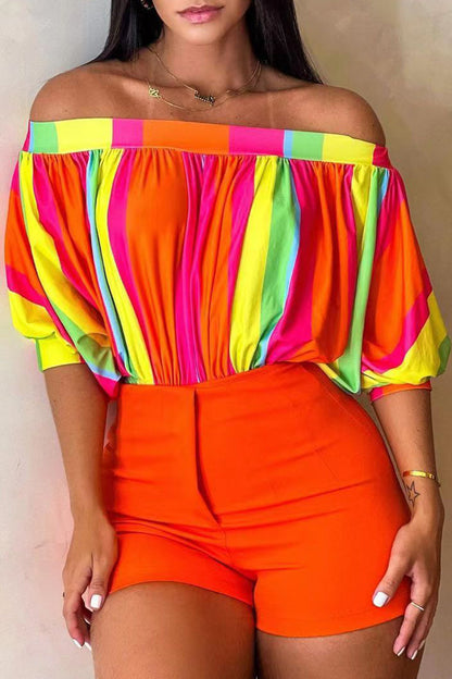 Print Patchwork Off the Shoulder T-shirts