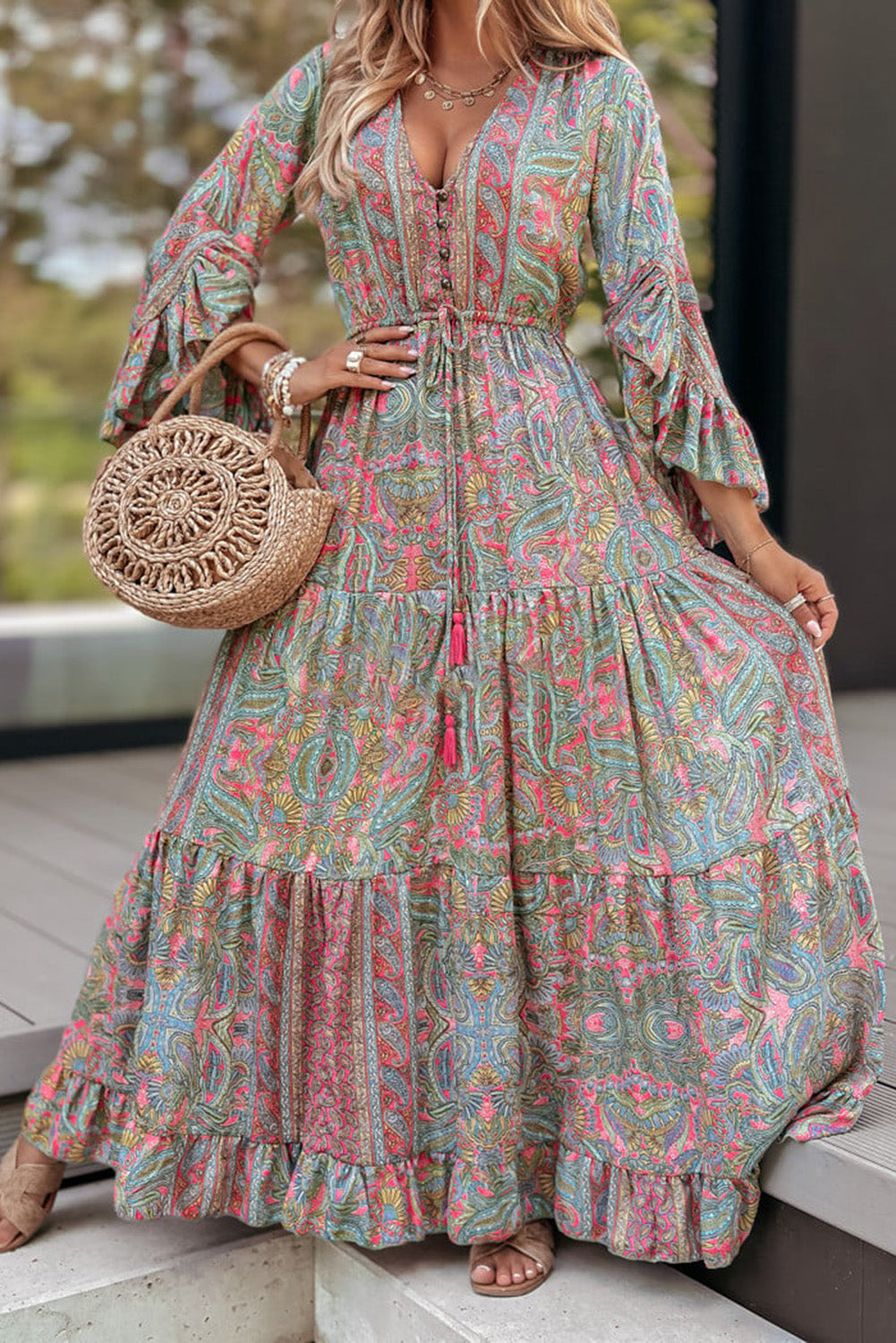 Green Paisley Printed Ruffle Trim Maxi Dress