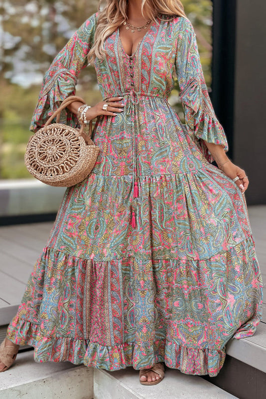 Green Paisley Printed Ruffle Trim Maxi Dress