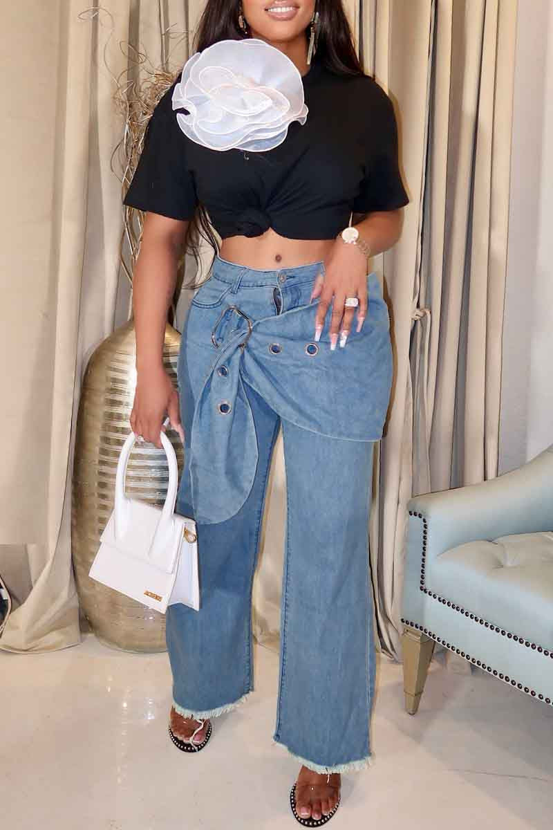 Color Patchwork Mid Waist Straight Denim Jeans