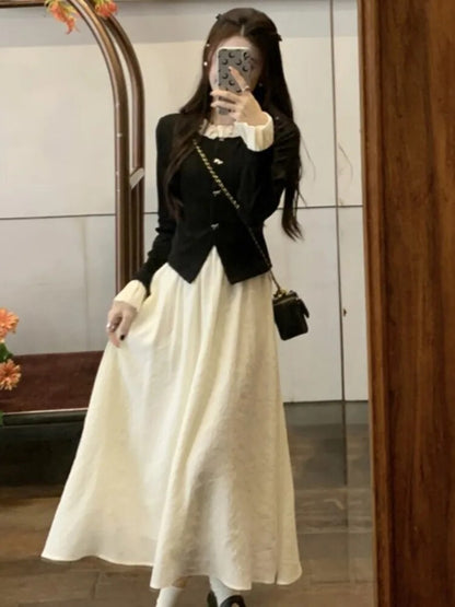 Patchwork Midi Dress O-neck Long Sleeve A-line Autumn Spring Evening Party Prom Robe Princess Vestidos New