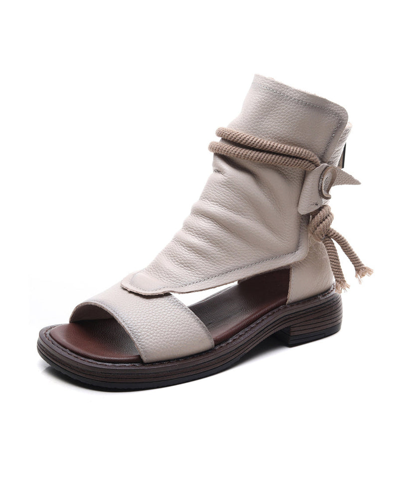 Handmade Beige Splicing Cowhide Leather Chunky Sandals Boots Oi039