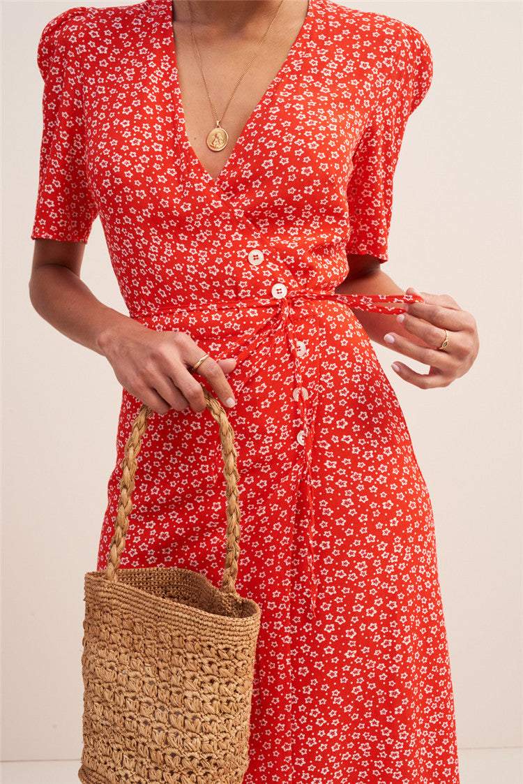 Short Sleeve V-neck Midi Dress Red