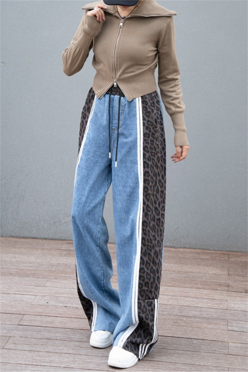 Leopard Print Patchwork High Waist Straight Denim Jeans