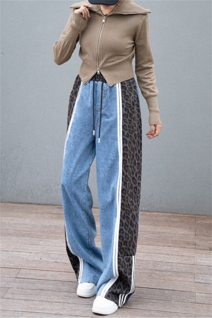 Leopard Print Patchwork High Waist Straight Denim Jeans
