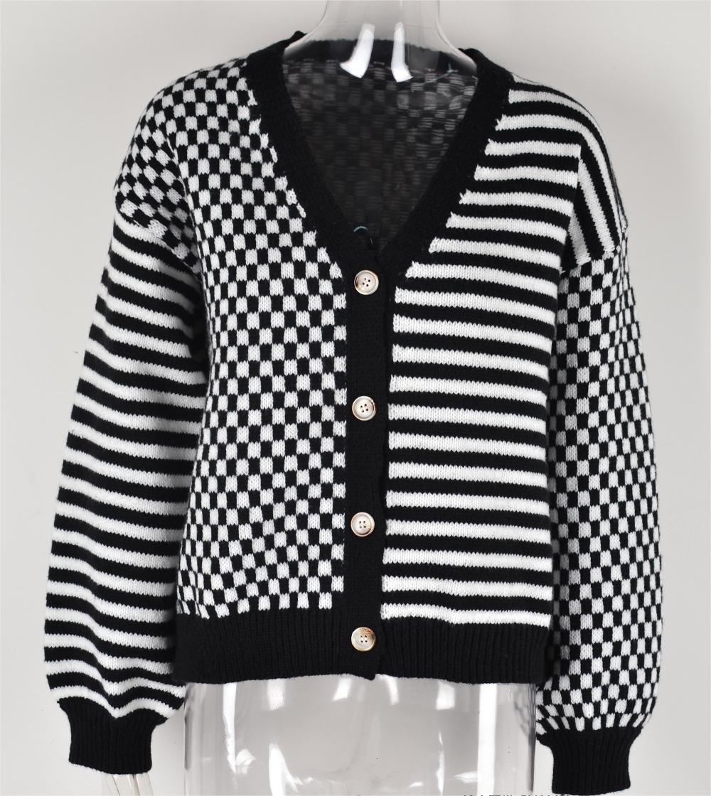 Autumn Winter Knitted Plaid Stitching Striped Cardigan Coat Sweater