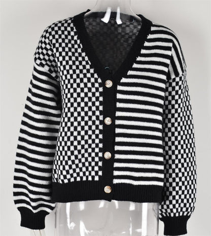 Autumn Winter Knitted Plaid Stitching Striped Cardigan Coat Sweater