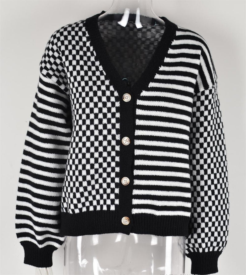 Autumn Winter Knitted Plaid Stitching Striped Cardigan Coat Sweater