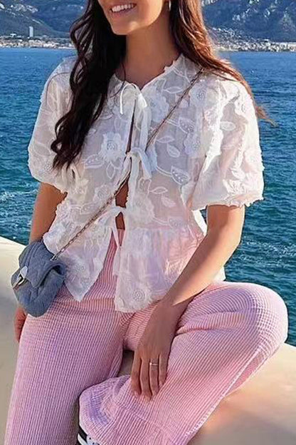 Sweet Lace Frenulum With Bow O Neck Tops