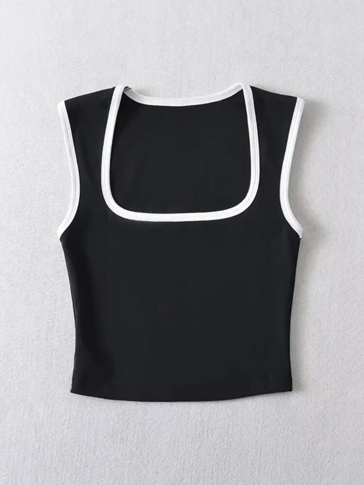 Woman Slim Contrust Camis Sleeveless Tanks Square Collar Crop Tops Clothing Mujer Y2k