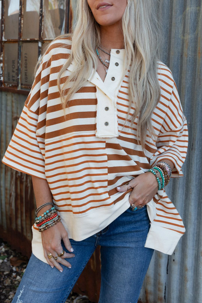 Stripe Buttons Patchwork Contrast O Neck T-shirts