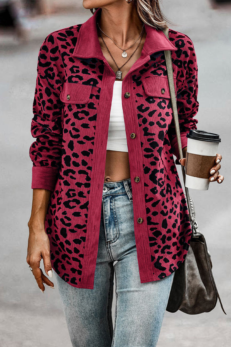 Sweet Leopard Pocket Turndown Collar Tops