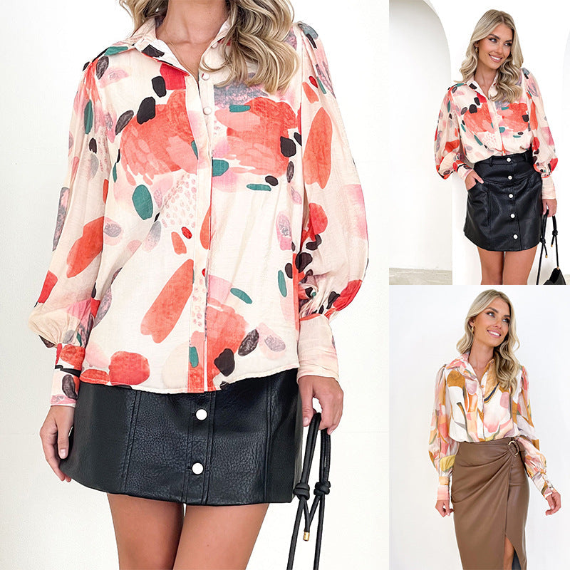 Loose Cardigan Printed Lantern Sleeve Long Sleeve Shirt for