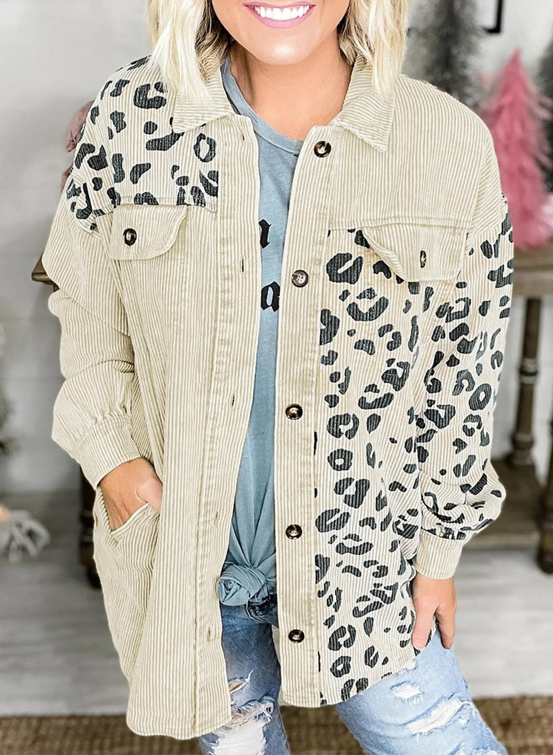 Leopard Print Corduroy Shacket: ’s Autumn Winter Mid Length Cardigan Top