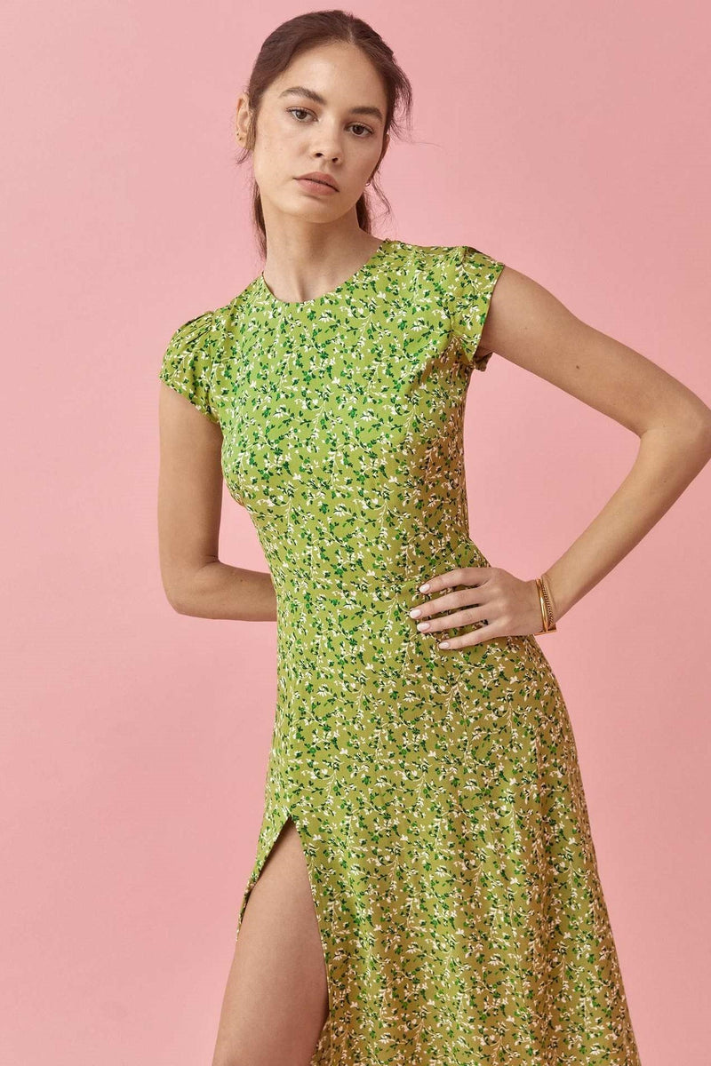 Backless Cut-out Slit Print Midi Dress Green
