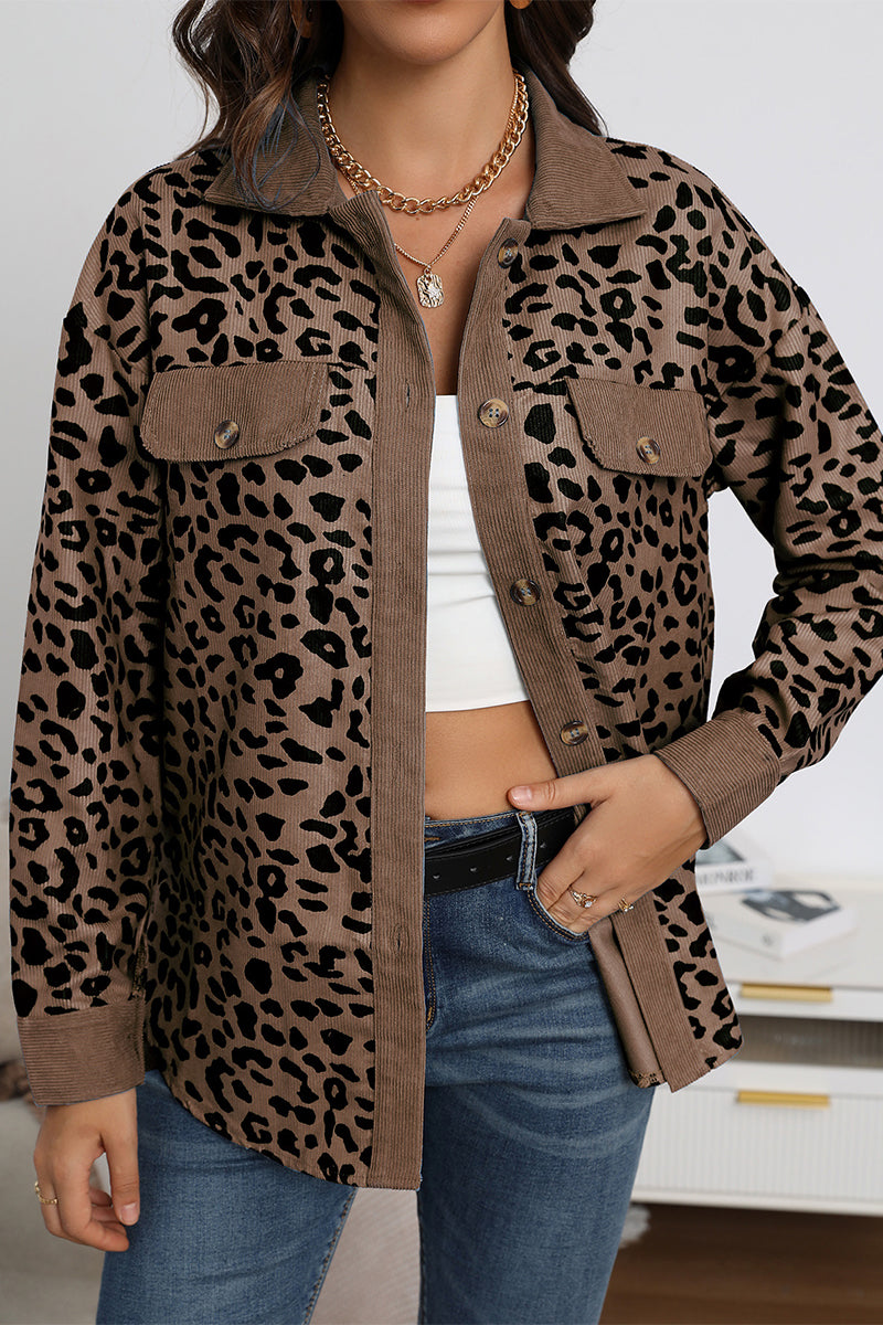 Sweet Leopard Pocket Turndown Collar Tops