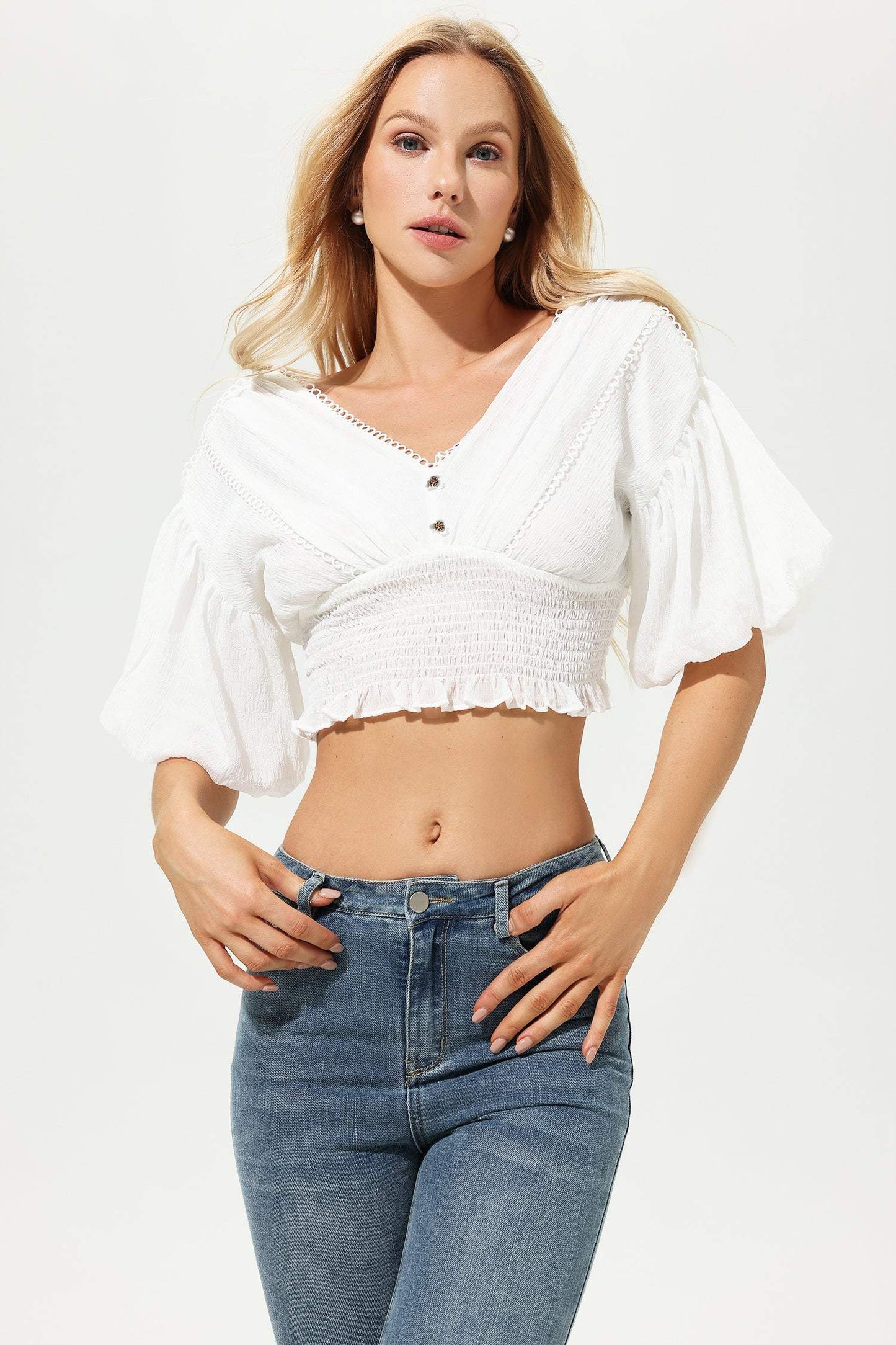 Mid Sleeve V-neck Top White